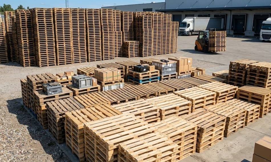 Outdoor pallet yard with massive stacks of pallets ready for recycling, repair, and delivery services