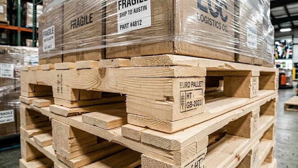 Close-up of euro pallet with ISPM-15 heat treatment stamp and official certification markings