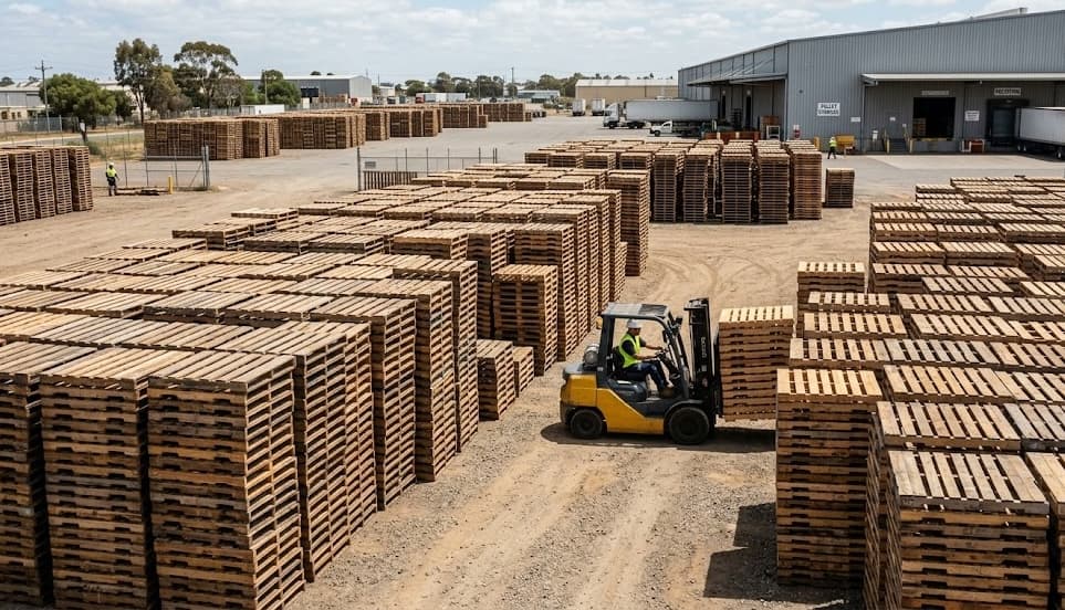 Aerial view of SD Re Pallet's large pallet yard with forklift driving through organized rows of stacked pallets