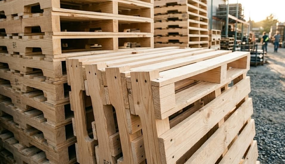 Close-up of freshly stacked new wood pallets at golden hour showcasing quality craftsmanship